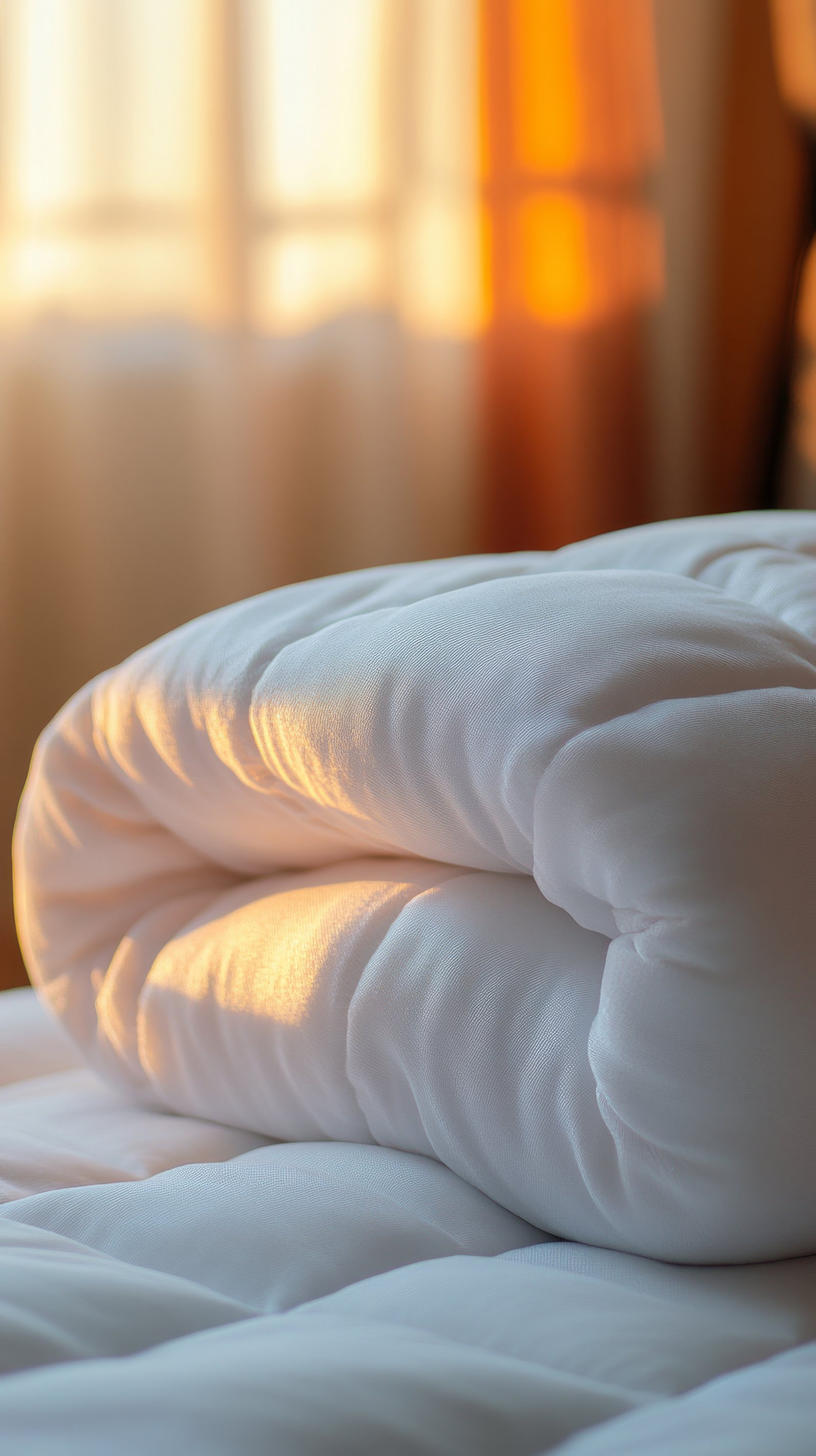 A soft weighted blanket is neatly rolled on a bed, basking in warm sunlight that filters through the curtains, creating a cozy atmosphere.